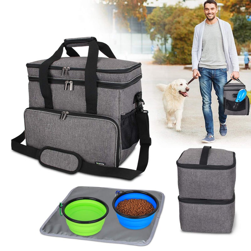 Teamoy Double Layer Dog Travel Bag, Dog Bag for Supplies with 2 Silicone Collapsible Bowls, 2 Food Carriers, 1 Water-Resistant Placemat, Pet Supplies Weekend Tote Organizer (Large, Gray) - Image 1